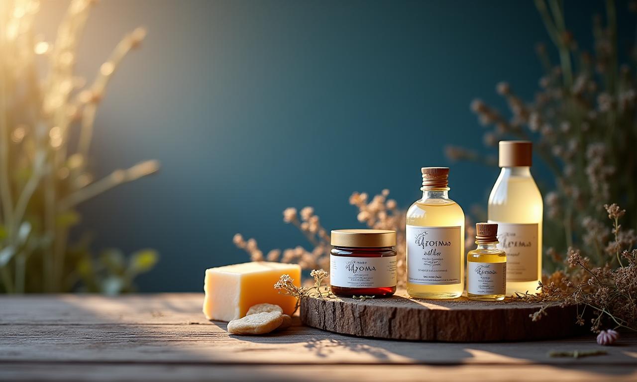Coleção de cosméticos artesanais da Aromas de Lisboa em cima de uma mesa de madeira com flores secas.